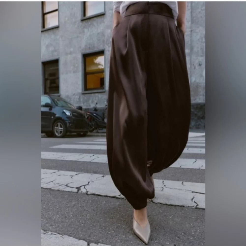 ZARA SATIN BALLOON PANTS BROWN SIZE XS